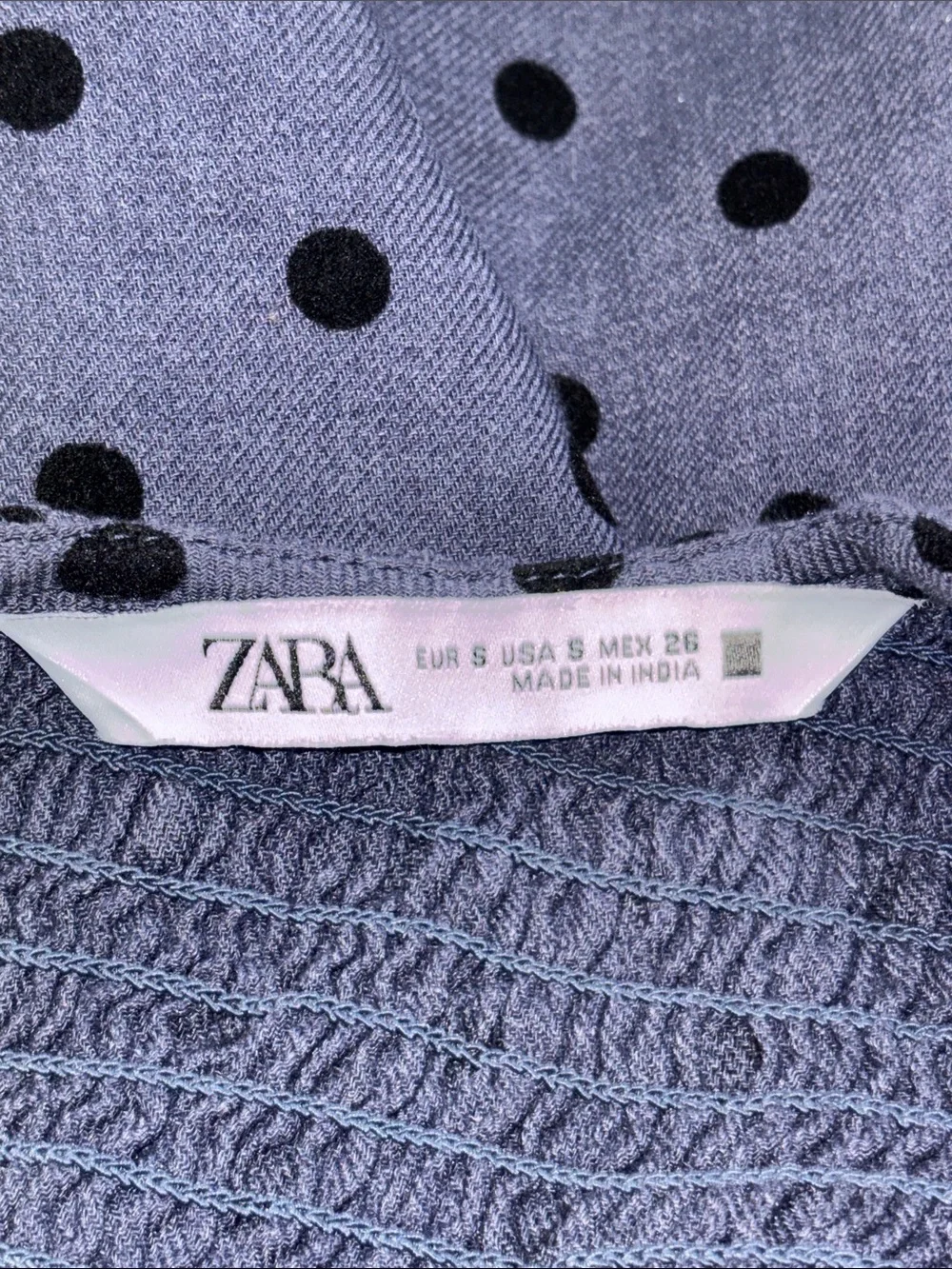 Zara Smocked Periwinkle Blue/Black Polka Dot Ruffle Sleeve Crop Top Small